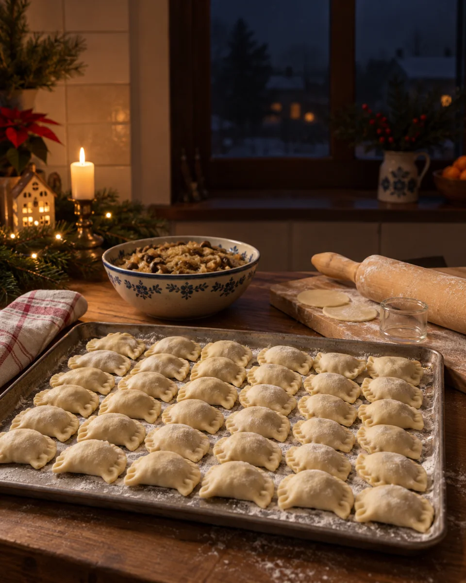 Pierogi z kapustą i grzybami ułożone na oprószonej mąką blasze