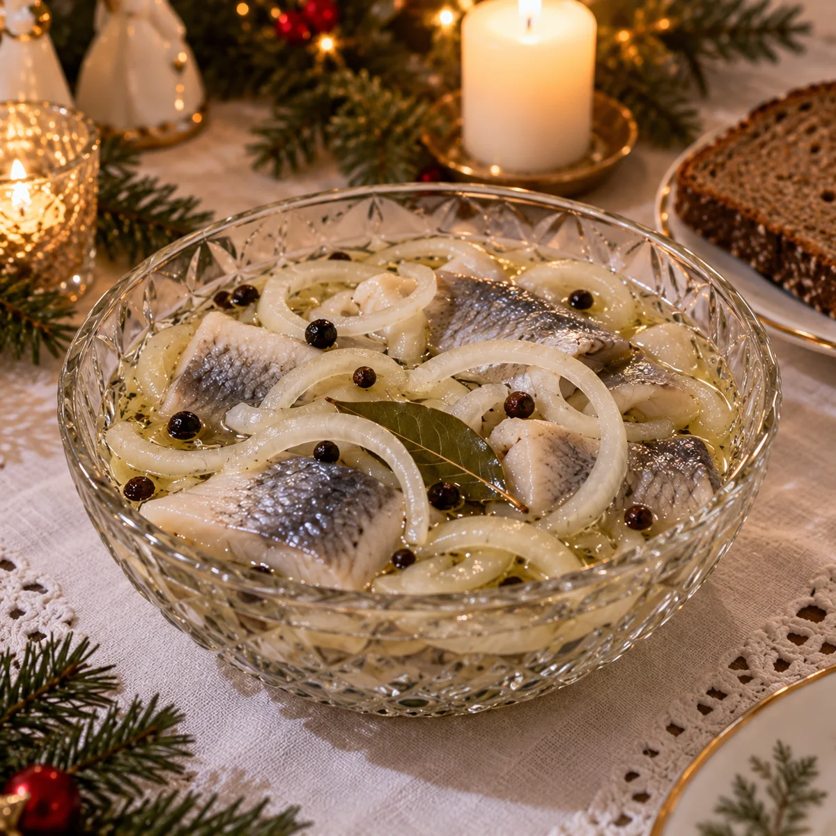 Śledzie w oleju z cebulą w szklanym naczyniu
